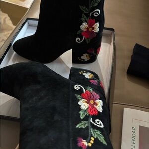 Sam Edelman Black Ankle Boots with Floral Embroidery